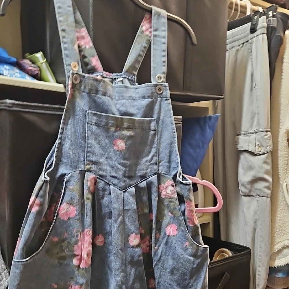 Denim Overall Romper with Floral Print New Without Tags